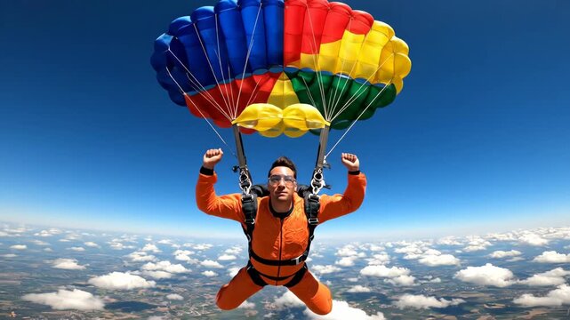 Skydiver Under Colorful Parachute - A low-angle shot shows a skydiver with arms raised during descent, under a colorful parachute of red, blue, green and yellow.