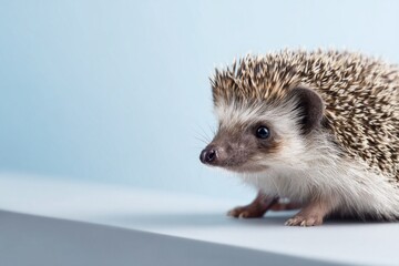 Fototapeta premium A small hedgehog is sitting on a soft pastel background, its quills and round face highlighting its charm. The peaceful scene captures a moment of curiosity and wonder