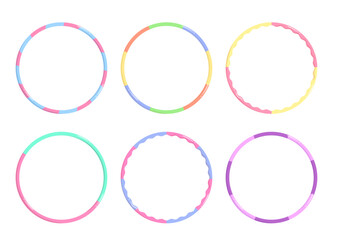 Bundle of various colors Hula Hoop isolated on white background. Exercise equipment of home workout, healthy lifestyle, fun activity. Flat vector illustration.