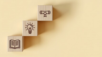 Ascending career path with education books, lightbulb, and diploma symbolizing knowledge, innovation, and graduation for success and growth