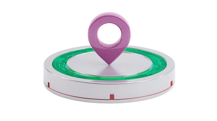 3D purple location pin icon on white circular platform with green accent, symbolizing navigation, map marker, and modern technology, isolated on transparent background