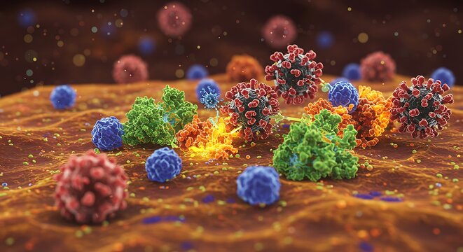 Artistic depiction of microscopic biological structures, cells and proteins in vibrant colors and textures