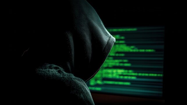 Cybersecurity hacker in dark hoodie coding computer - Powered by Adobe