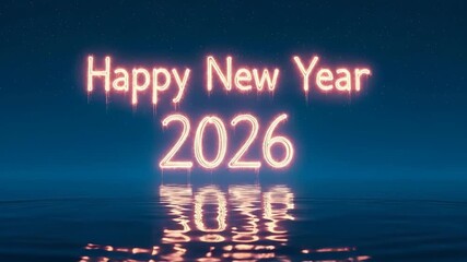 A serene night view of 2026 new year celebration with text neon light reflection over water - Powered by Adobe