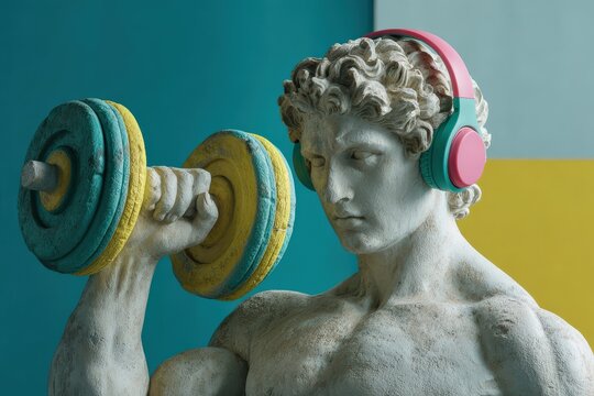Classical Marble Statue of Muscular Figure Lifting Colorful Dumbbell with Vibrant Headphones against Modern Color Block Background