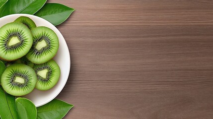 Deliciously vibrant kiwi fruit slices arranged on a white plate resting on a rustic wooden table with green leaves