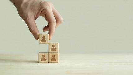 Obraz premium Building Team Hand Stacking Wooden Blocks with People Icons for Career Growth and Human Resources Management