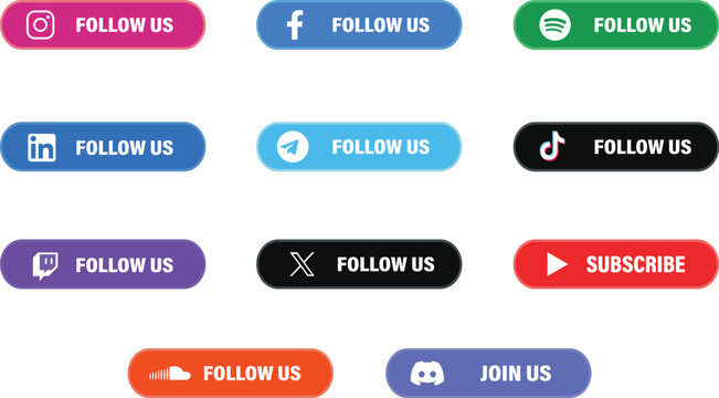 Social Media Follow Us Buttons Set - Instagram, Facebook, YouTube, TikTok, LinkedIn, and More