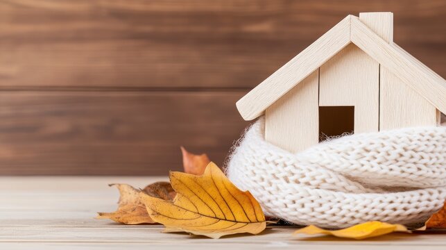 Warm wooden house model embraced by a cozy scarf and autumn leaves creating a serene atmosphere for winter living - Powered by Adobe
