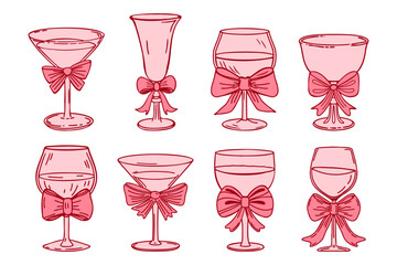Hand drawn drinkware with decorative pink bows set. Collection of elegant pink cocktail and wine glasses with bows. Sketch