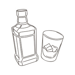 Whiskey bottle and glass with ice cubes on white background. Line drawing. Illustration.