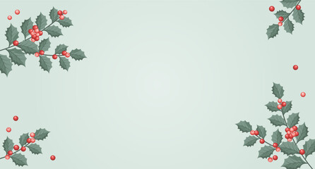 Christmas background with holly berry branches. Festive frame with holly berry on a soft green background. 