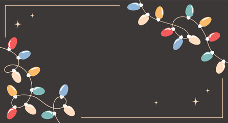 Christmas background with light bulbs and stars. Festive frame with Christmas lights on a dark background. 