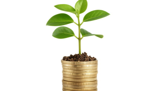 Plant growing from pile of coins isolated on transparent background, investment concept