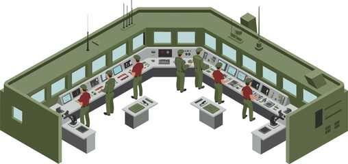 Isometric military control room with officers monitoring radar and communication systems, army command center technology illustration, defense operations management concept