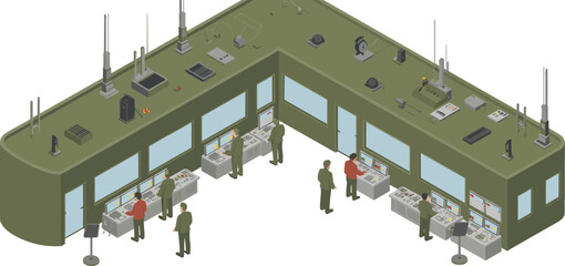 Isometric military control room with officers monitoring radar and communication systems, army command center technology illustration, defense operations management concept