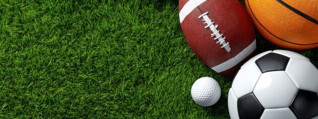 Various types of sports balls, including a soccer ball, basketball, and football, rest on lush green grass. This lively scene sets an ideal backdrop for outdoor games and fun
