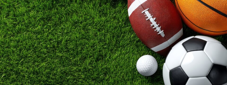 Various types of sports balls, including a soccer ball, basketball, and football, rest on lush green grass. This lively scene sets an ideal backdrop for outdoor games and fun - Powered by Adobe