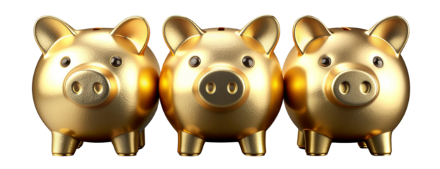 Golden piggy bank between blocks showing the year 2026 isolated on transparent background