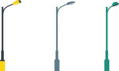 Minimalist vector illustration of three modern street lamps in yellow, gray, and green color, isolated on light background, urban design