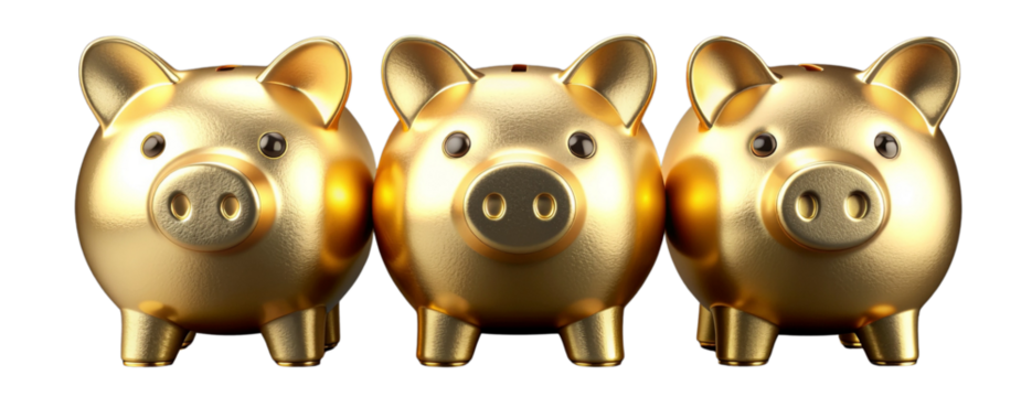 Golden piggy bank between blocks showing the year 2026 isolated on transparent background