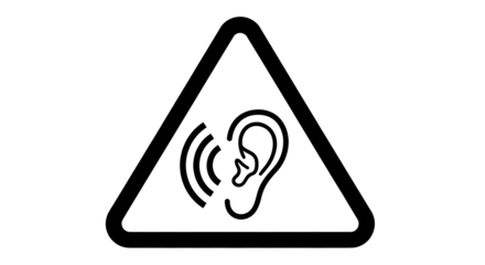 Triangular Hearing Warning Sign on Transparent Background, Black and White Ear with Sound Waves Icon, Audio Alert or Noise Hazard Symbol, Equilateral Triangle Sound Awareness Graphic, Isolated Hearing