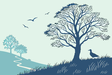 Monochrome Pine Tree on Hill Vector Illustration - Brown Duotone Graphic