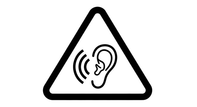 Triangular Hearing Warning Sign on Transparent Background, Black and White Ear with Sound Waves Icon, Audio Alert or Noise Hazard Symbol, Equilateral Triangle Sound Awareness Graphic, Isolated Hearing