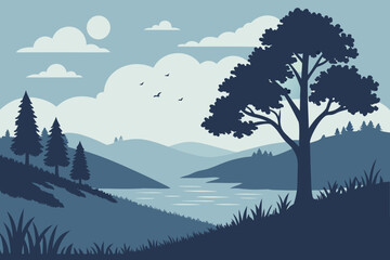 Large Tree Silhouette on Hill with Layered Mountain Landscape Vector - Duotone Graphic
