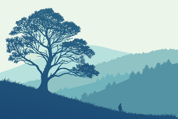 Large Tree Silhouette on Hill with Layered Mountain Landscape Vector - Duotone Graphic