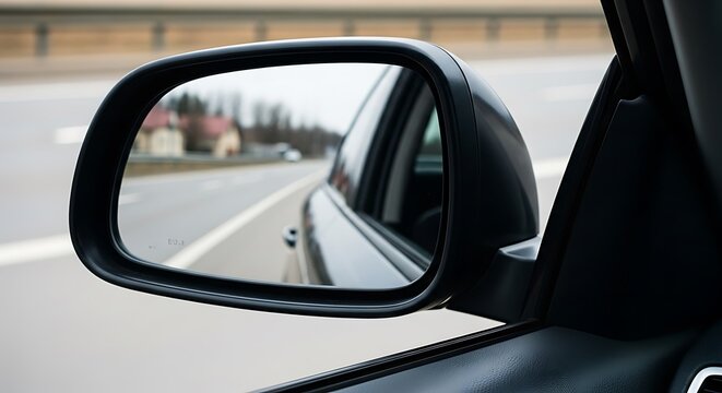 Side mirror reflection of a car driving on a road.