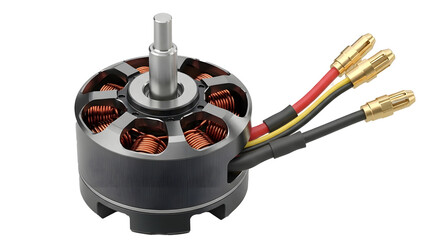 Close-Up of Brushless Motor with Exposed Copper Windings, Drone and RC Vehicle Motor Studio Shot, High-Detail Electronic Brushless Motor with Wires, Cylindrical Motor with Red Yellow Black Connectors,