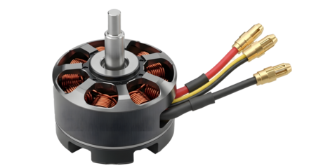 Close-Up of Brushless Motor with Exposed Copper Windings, Drone and RC Vehicle Motor Studio Shot, High-Detail Electronic Brushless Motor with Wires, Cylindrical Motor with Red Yellow Black Connectors,