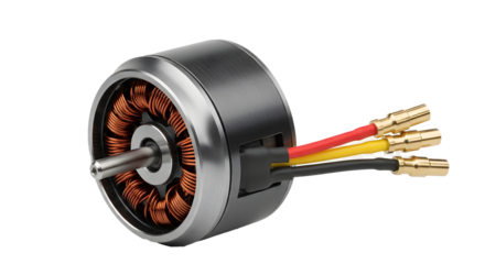 Close-Up of Brushless Motor with Exposed Copper Windings, Drone and RC Vehicle Motor Studio Shot, High-Detail Electronic Brushless Motor with Wires, Cylindrical Motor with Red Yellow Black Connectors,