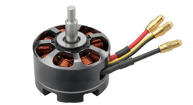 Close-Up of Brushless Motor with Exposed Copper Windings, Drone and RC Vehicle Motor Studio Shot, High-Detail Electronic Brushless Motor with Wires, Cylindrical Motor with Red Yellow Black Connectors,