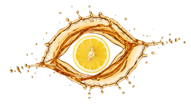 Lemon slice in tea splash isolated on transparent background creates an eye shape