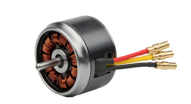 Close-Up of Brushless Motor with Exposed Copper Windings, Drone and RC Vehicle Motor Studio Shot, High-Detail Electronic Brushless Motor with Wires, Cylindrical Motor with Red Yellow Black Connectors,