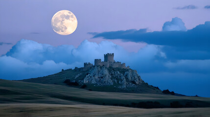 An ancient medieval stone castle stands under a sunset sky with the moon over the mountains and clouds reflecting upon the historical ruins of this European landscape