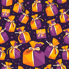Colorful gift bags in purple and orange pattern on dark background  