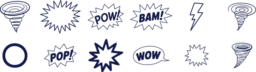 Hand drawn comic speech bubbles and elements isolated on transparent background set of cartoon explosion shapes with different emotions and sound effects, tornado and lightning