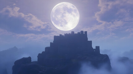 A dark urban skyline at dusk features a full moon rising over city buildings and orange sunset clouds reflected on the horizon
