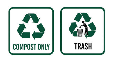Obraz premium Compost Only and Trash Recycling Signs with Dark Green Borders, Side-by-Side Environmental Waste Management Graphics, Square Waste Disposal Icons with Recycling Arrows, Compost and Trash Sign Set o