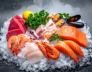 Assortment of fresh seafood including tuna salmon shrimp squid mussels and lemon on crushed ice