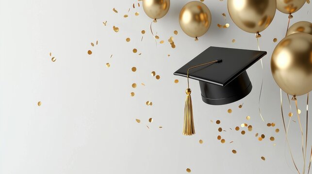 Graduation cap with gold tassel and golden balloons on white background with confetti celebration