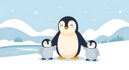 Obraz premium Cute Penguin Family in Winter Snow – Adorable Cartoon Vector Illustration