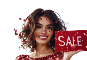 Sale Celebration with Woman and Glitter on transparent background