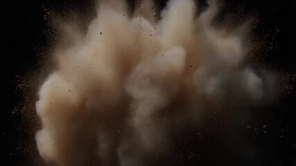 Isolated dust explosion on black background. Dynamic powder burst effect with light brown particles. Abstract motion overlay footage. - Powered by Adobe