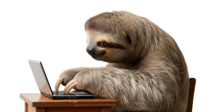 Sloth using a laptop computer at a desk isolated PNG with Transparent Background