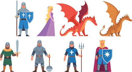 Naklejka premium Set of medieval fantasy characters with knights, princess, and dragons, cartoon illustration collection for role playing game and storytelling design