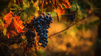 Deep red Sangiovese grapes ripening on the vine in a vineyard at sunset. inspiring travel planning, menu design, designed for culinary blogs and recipe cards for restaurants.